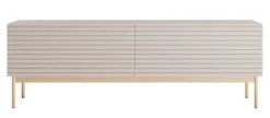 Szafka RTV Linearis z dwoma uchylnymi schowkami i oświetleniem LED 139 cm kaszmir na złotych nóżkach