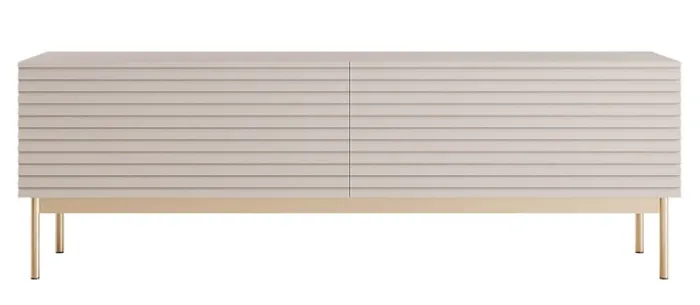 Szafka RTV Linearis z dwoma uchylnymi schowkami i oświetleniem LED 139 cm kaszmir na złotych nóżkach