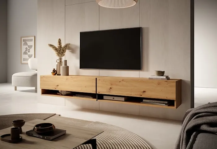 Szafka RTV Mirrgo 200 cm dąb artisan z grafitowymi wstawkami