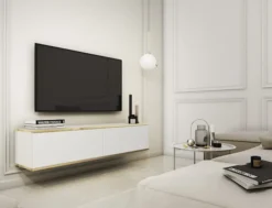 Szafka RTV Mucalma 135 cm biała ze złotymi wstawkami