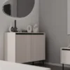 Szafka RTV Osaka z dwiema szufladami i ryflowanymi frontami 140 cm beż piaskowy na czarnych nogach