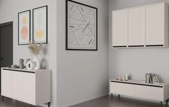 Szafka RTV Osaka z dwiema szufladami i ryflowanymi frontami 140 cm beż piaskowy na czarnych nogach