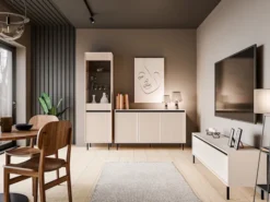 Szafka RTV Osaka z dwiema szufladami i półką 179 cm beż piaskowy na czarnych nogach