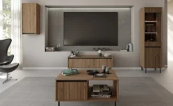 Szafka RTV Osaka z dwiema szufladami i ryflowanymi frontami 140 cm dąb evoke na czarnych nogach