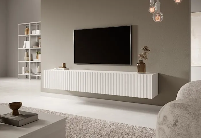 Szafka RTV Telire 175 cm Biały z lamelowym frontem