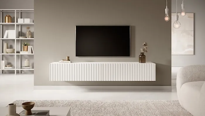 Szafka RTV Telire 175 cm Biały z lamelowym frontem