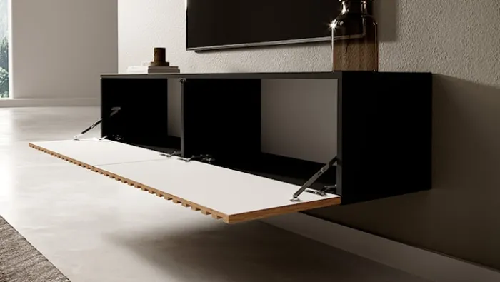Szafka RTV Telire 138,6 cm czarna z lamelowym frontem dąb artisan