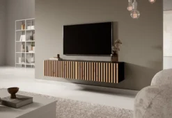 Szafka RTV Telire 138,6 cm czarna z lamelowym frontem dąb artisan