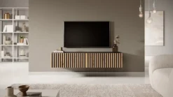 Szafka RTV Telire 138,6 cm czarna z lamelowym frontem dąb artisan