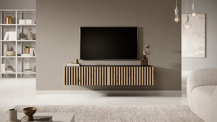 Szafka RTV Telire 138,6 cm czarna z lamelowym frontem dąb artisan