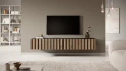 Szafka RTV Telire 175 cm czarna z lamelowym frontem dąb artisan