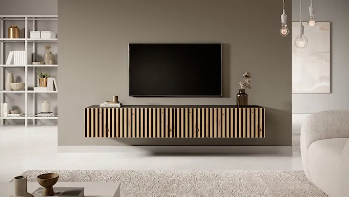 Szafka RTV Telire 175 cm czarna z lamelowym frontem dąb artisan