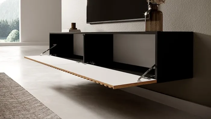 Szafka RTV Telire 175 cm czarna z lamelowym frontem dąb artisan