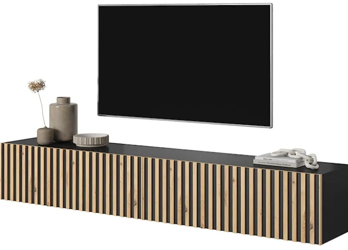 Szafka RTV Telire 175 cm czarna z lamelowym frontem dąb artisan
