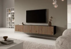 Szafka RTV Telire 175 cm czarna z lamelowym frontem dąb artisan