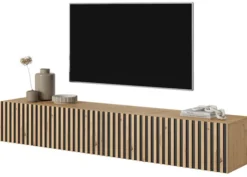 Szafka RTV Telire 175 cm dąb artisan lamele z czarnymi wstawkami