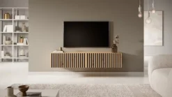 Szafka RTV Telire 138,6 cm dąb artisan z lamelowym frontem i czarnymi wstawkami