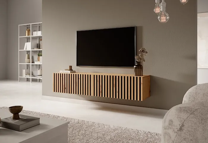 Szafka RTV Telire 138,6 cm dąb artisan z lamelowym frontem i czarnymi wstawkami