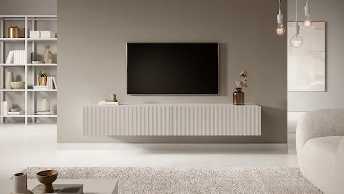 Szafka RTV Telire 175 cm Szary beż z lamelowym frontem