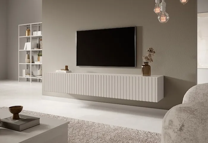 Szafka RTV Telire 175 cm Szary beż z lamelowym frontem