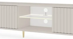 Szafka RTV trzydrzwiowa Bello z lamelowymi frontami i szklaną półką z oświetleniem LED 175 cm kaszmir na złotych nóżkach