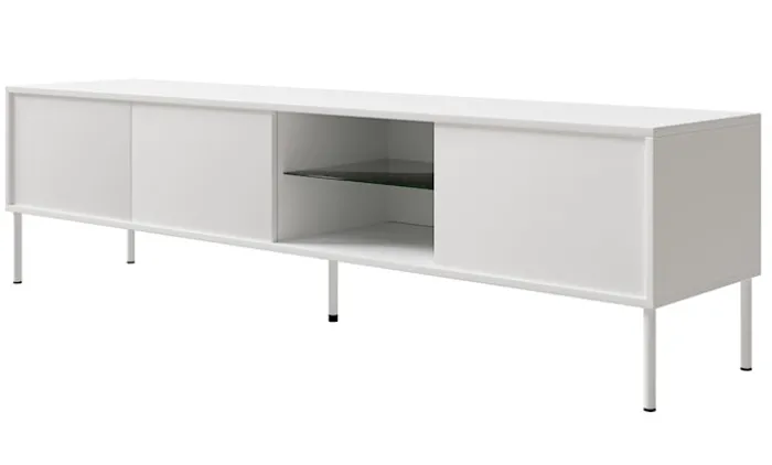 Szafka RTV trzydrzwiowa Modity ze szklaną półką i oświetleniem 175 cm biała