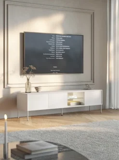 Szafka RTV trzydrzwiowa Modity ze szklaną półką i oświetleniem 175 cm biała
