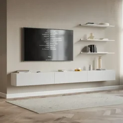 Szafka RTV trzydrzwiowa Veldio wisząca z ryflowanym frontem 300 cm biała