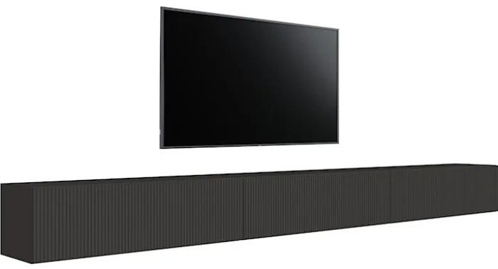 Szafka RTV trzydrzwiowa Veldio wisząca z ryflowanym frontem 300 cm czarna
