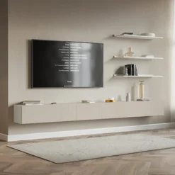 Szafka RTV trzydrzwiowa Veldio wisząca z ryflowanym frontem 300 cm szary beż