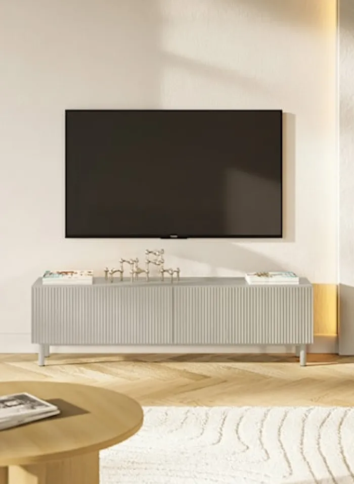 Szafka RTV Veldio New z frezowanym frontem 140 cm szary beż