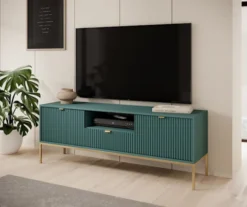 Szafka RTV Vellore 154 cm zielona z ryflowanymi frontami, złotymi uchwytami i stelażem