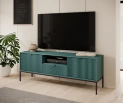 Szafka RTV Vellore 154 cm zielona z ryflowanymi frontami, czarnymi uchwytami i stelażem