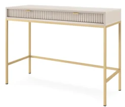 Toaletka biurko Vellore 104 cm kaszmir z ryflowanymi frontami i złotym stelażem