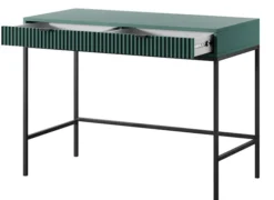 Toaletka biurko Vellore 104 cm zielona z ryflowanymi frontami, czarnymi uchwytami i stelażem