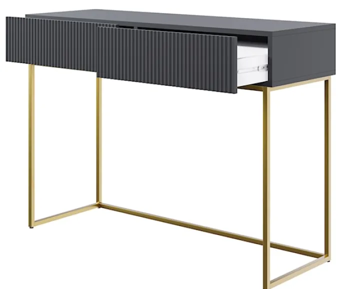 Toaletka Veldio z frezowanym frontem i dwiema szufladami 110 cm Czarna ze złotymi nogami