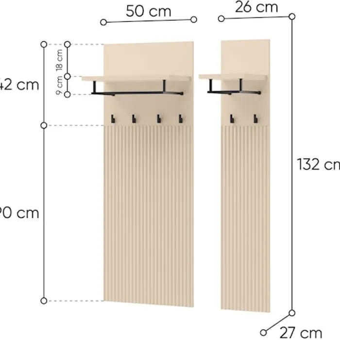 Wieszak ścienny Trend z półkami 76 cm ryflowane fronty beż piaskowy / czarny
