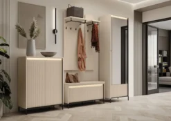 Wieszak ścienny Trend z półkami 76 cm ryflowane fronty beż piaskowy / czarny