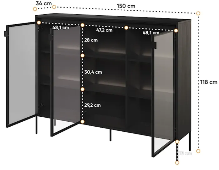 Witryna trzydrzwiowa Trend 150 cm z LED Czarna