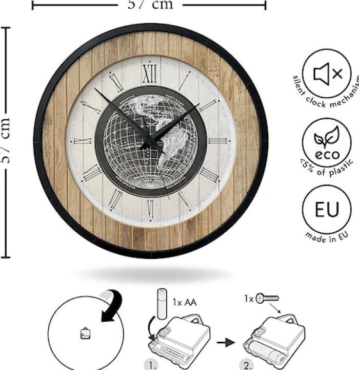 Zegar ścienny Relatise średnica 57 cm dąb/czarny/biały cyfry rzymskie
