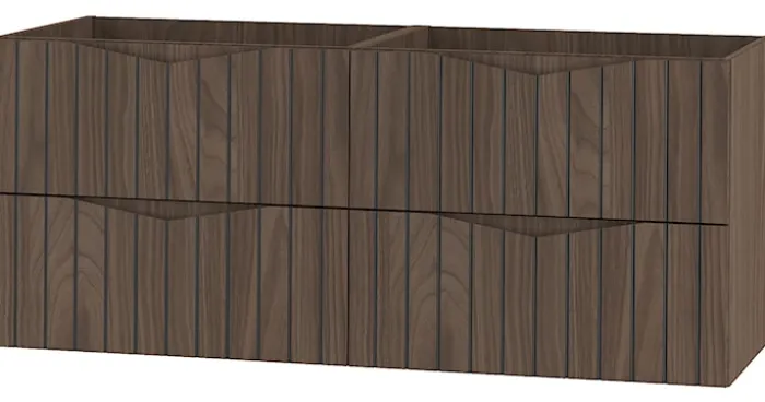 Zestaw łazienkowy z dwiema szafkami pod umywalkę Stella 120 cm ryflowane fronty orzech / czarny mat