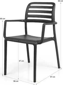 Zestaw balkonowy okrągły stół Step 60 cm i 2 krzesła z podłokietnikami Costa Nardi z certyfikowanego tworzywa antracytowy