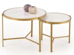 Zestaw dwóch stolików kawowych Hesivene z okrągłymi blatami 63 cm i 48 cm biały marmur/ złoty