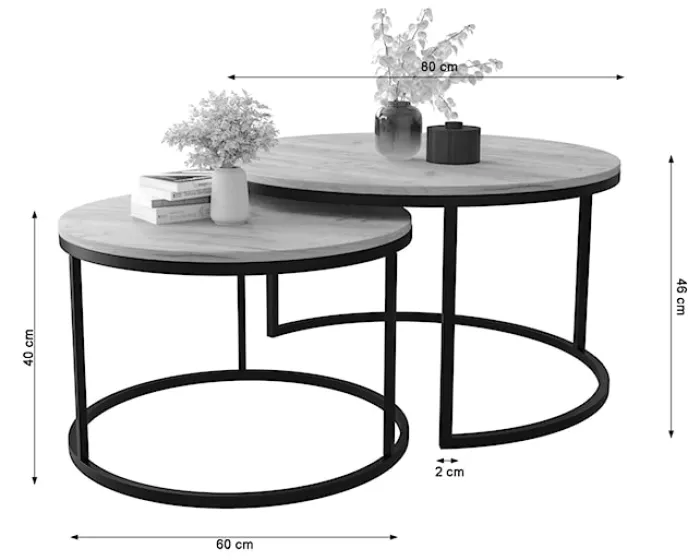 Zestaw dwóch stolików kawowych Sabello okrągłe 80 i 60 cm Dąb craft