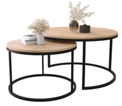 Zestaw dwóch stolików kawowych Sabello okrągłe 80 i 60 cm Dąb craft